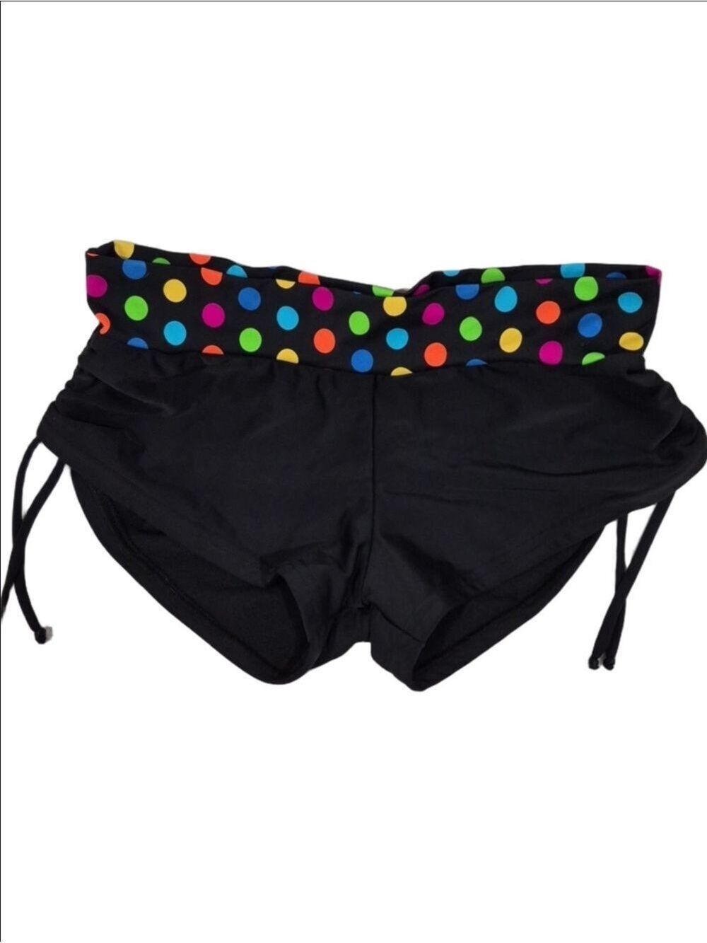 Black Fold-Over Swim Bottoms with Rainbow Polka Dot Trim by Gaviota Diamante